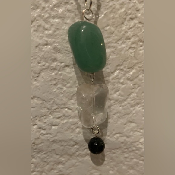 Pendant crafted from black jade, clear quartz & green chrysoprase beads. 3” - Picture 3 of 3
